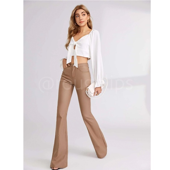 Tan Faux Leather Wax Coated Jeans Flared Leg Bell Bottom High Waist - Picture 2 of 15